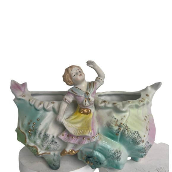 Vtg Victorian Porcelain Figural Double Shell Planter With Dancing Girl Figurine - Picture 1 of 11